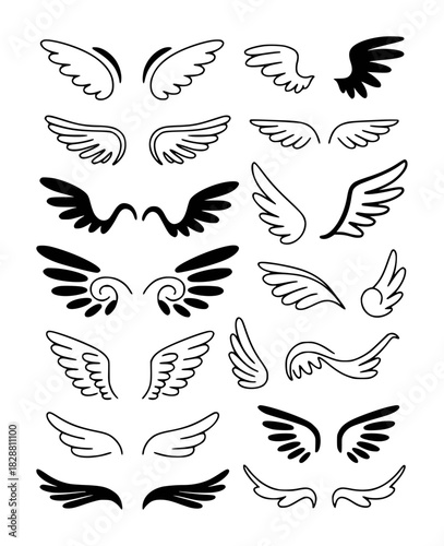 Collection of Hand-Drawn Angel Wings in Various Styles