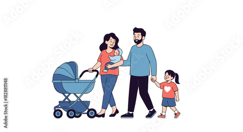 A happy young family with a baby and an older child enjoys a leisurely walk together, demonstrating warmth and togetherness.