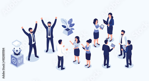 Business professionals celebrating success and engaging in collaborative discussions, integrating technology and sustainable practices.