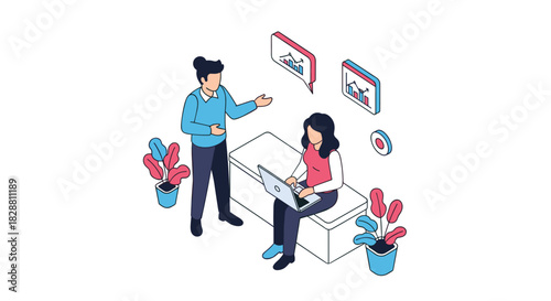 Business professionals collaborate on data analysis, with one explaining concepts and the other working on a laptop in a modern office.