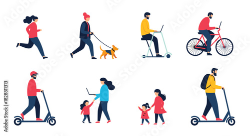 People engaging in various urban activities like running, cycling, scootering, walking dogs, and working on laptops outdoors.