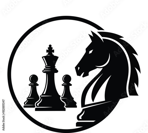 Elegant chess design illustration with king pawns and knight head