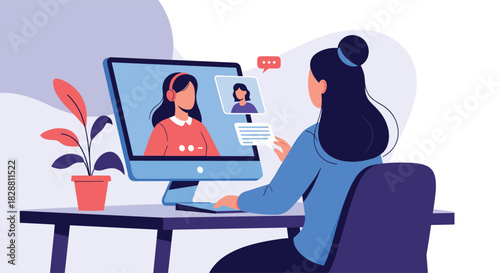 Woman actively participating in a virtual video conference call on her desktop computer, collaborating in an online meeting.