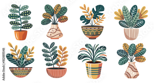 Modern minimalist vector set of decorative houseplants. Bold green and yellow leaves in patterned terracotta pots, clean lines, balanced layout, and cohesive earthy palette