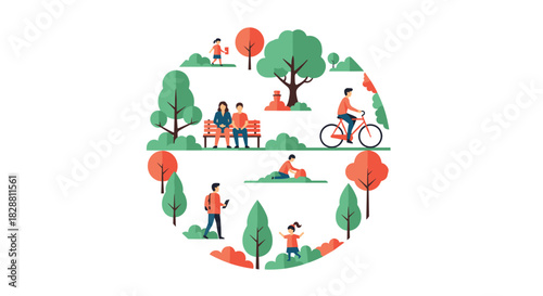 Diverse people enjoy various recreational and leisure activities within a vibrant green park setting, illustrating community life and outdoor pursuits.