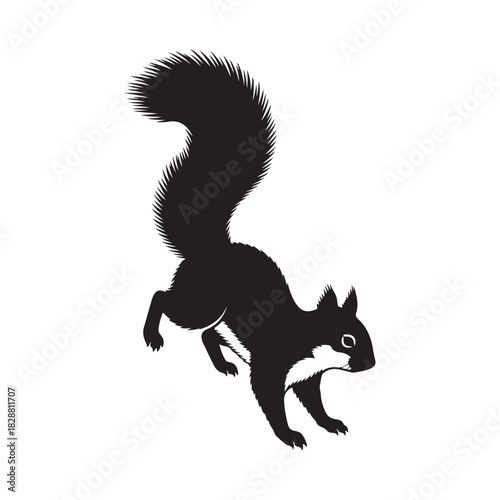 Black and White Squirrel Jumping Silhouette Vector Illustration | Energetic Monochrome Rodent Graphic with Bushy Tail | Cute Wildlife Icon for Logo and Decal Design