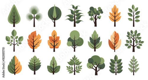 A collection of flat design stylized trees and autumn leaves with various shapes and colors, perfect for nature and environmental graphics.