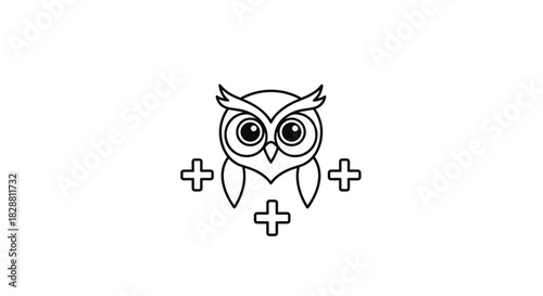 A simple line art illustration featuring a wise owl's head surrounded by three positive plus signs, symbolizing knowledge and growth.