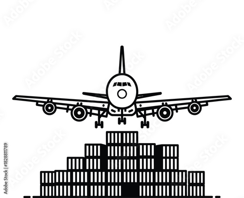 Airplane landing over cargo containers symbolising import and export business strategy
