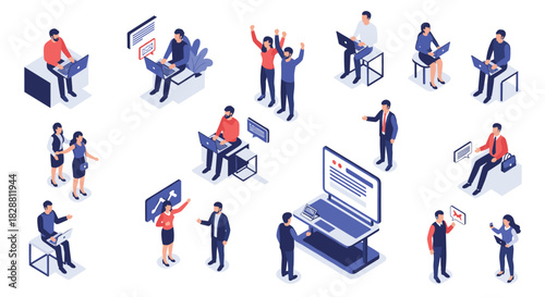 Isometric illustrations depicting diverse professionals engaging in online collaboration, digital work, and team discussions in a dynamic business setting.