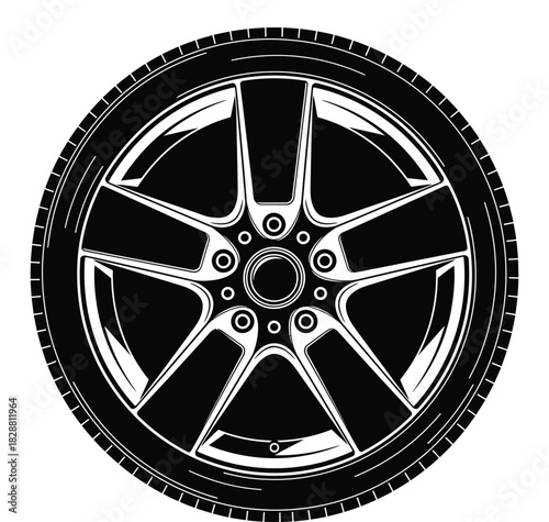Black and white automotive car wheel detail with modern five spoke design