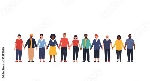 A diverse group of people of varying ages and ethnicities standing together, holding hands to symbolize community, unity, and support.