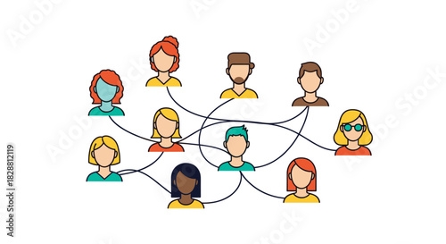 A diverse group of people connected by lines, symbolizing a social network, community, collaboration, and communication.