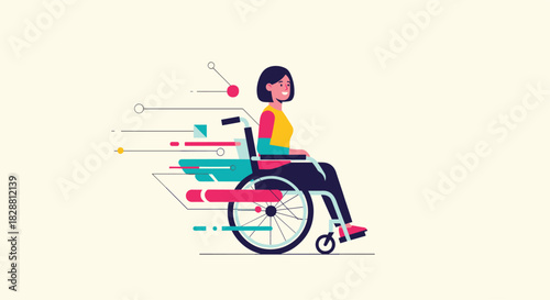 A cheerful woman in a wheelchair moves dynamically forward, accompanied by abstract geometric elements symbolizing progress and innovation.