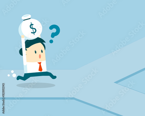 A cartoon businessman runs while holding a money bag above his head, looking confused at a forked path ahead, symbolizing financial uncertainty and decision-making.