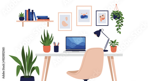 A stylish home office with a desk, laptop, comfortable chair, several green plants, and abstract art, creating a serene and productive remote work setup.