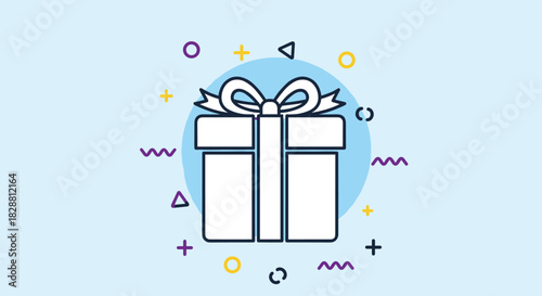 Graphic illustration of a white gift box with a bow, placed on a blue circle, surrounded by abstract colorful geometric shapes on a light blue background.
