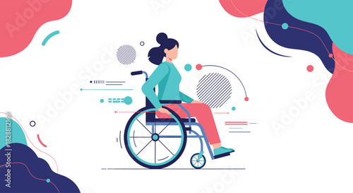 A vibrant illustration depicting a woman with a disability confidently using a wheelchair, symbolizing independence, accessibility, and modern support.