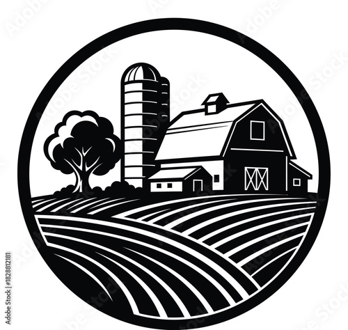 Black and white vector of a farm landscape and buildings