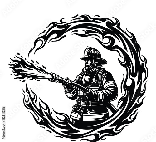 Brave fireman with fire hose surrounded by flames in monochrome style