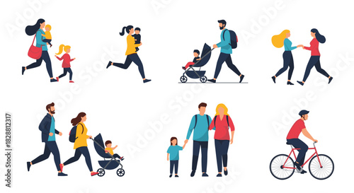 Diverse group of people and families enjoying various daily activities like running, walking, cycling, and caring for children.