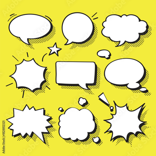 Collection of hand-drawn comic chat bubbles and speech balloons in pop art style on a yellow background. Vector illustration set