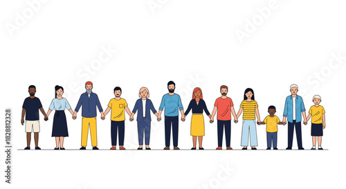 A diverse group of people from different backgrounds and generations stands together, holding hands in a show of unity and community.