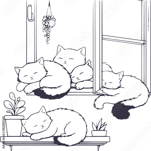 Sleeping Cats on Windowsill and Shelf with Plants