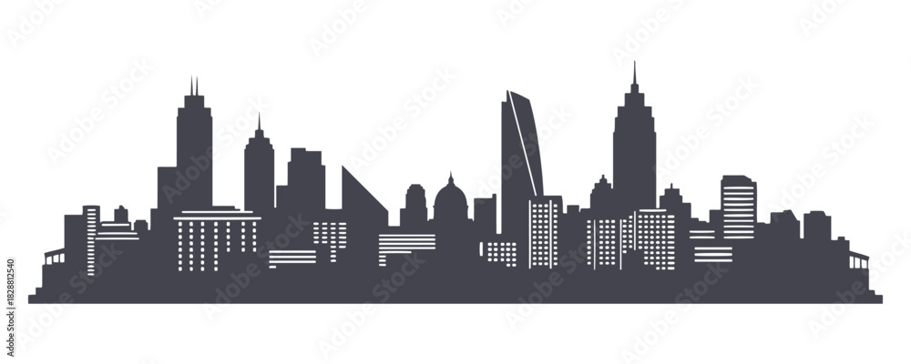 Obraz premium Vector illustration of a city skyline. Flat style urban landscape cityscape. Silhouette of a city. Backgrounds of cityscapes. Daytime skyline on a white background.