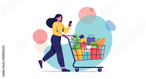 Smiling woman uses her smartphone while pushing a shopping cart filled with fresh produce and grocery bags at a supermarket.