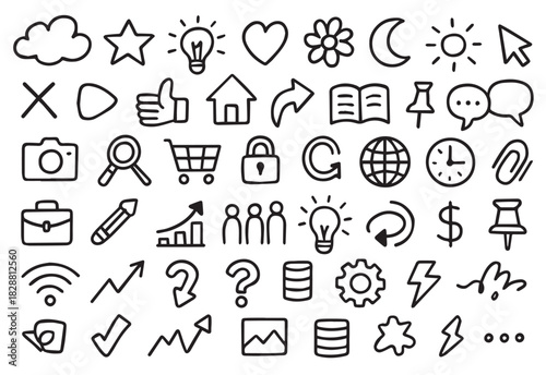 Universal Hand Drawn Doodle Business and Web Navigation Icon Set
