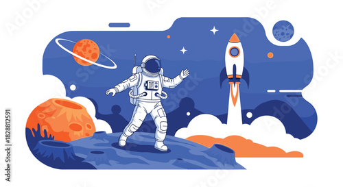 An intrepid astronaut explores a cratered alien landscape as a modern rocket blasts off into the vast universe.