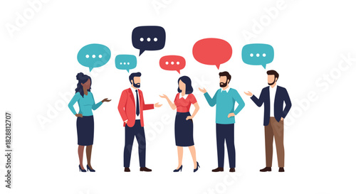 A diverse group of business professionals engages in an active discussion, exchanging ideas and communicating effectively.