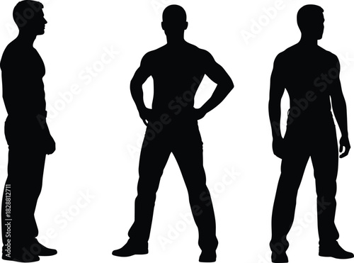 Male silhouette poses, standing figure, confident posture, side profile, black outline, minimal design, body language, artistic reference, anatomy