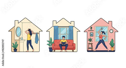 Diverse individuals engaging in daily activities like self-care, reading, and exercise from the comfort and safety of their homes.