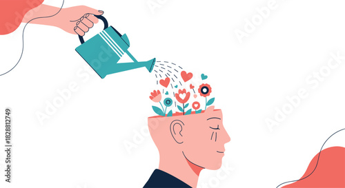 A hand waters an open head, symbolizing the growth of mental well-being, self-care, and positive thoughts with blooming flowers and hearts.