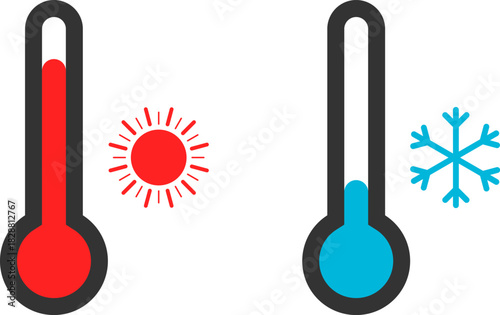 Thermometers show hot and cold temperatures with sun and snowflake icons