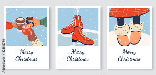 Winter greeting cards: red ice skates, a winter walk, friends celebrating Christmas with non-alcoholic drinks. Copy space. Flat vector illustration.