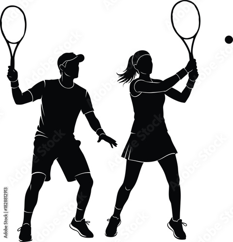 Tennis players silhouette hitting ball with rackets on white background