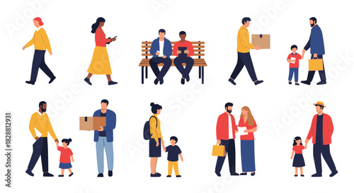 Diverse group of people in various everyday activities, including families, individuals walking, carrying items, and sitting on a bench.