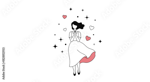 Illustration of a graceful woman in a white dress with a flowing skirt and dark hair, surrounded by sparkling stars and pink hearts.