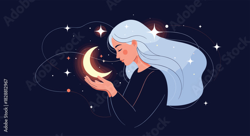 Mystical woman with flowing light blue hair gently cradling a glowing crescent moon in her hands amidst a starry dark blue night sky, evoking dreams and magic.