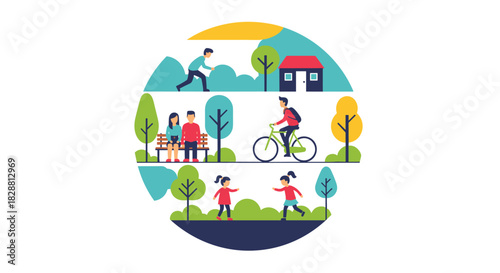 People of various ages enjoy healthy outdoor activities like running, cycling, relaxing, and playing in a vibrant, green park environment.