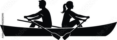 Silhouette of a couple rowing in a boat on the water