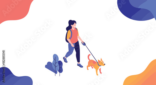A cheerful young woman in a casual outfit walks her happy dog on a leash, enjoying a pleasant outdoor stroll.