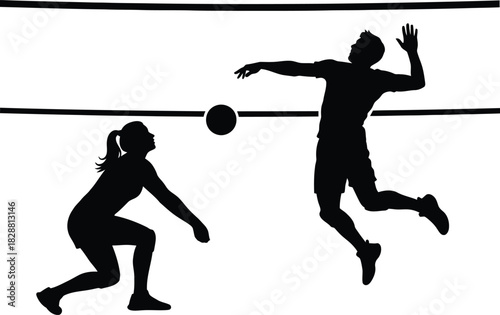 Volleyball players spiking and digging silhouette against a white background