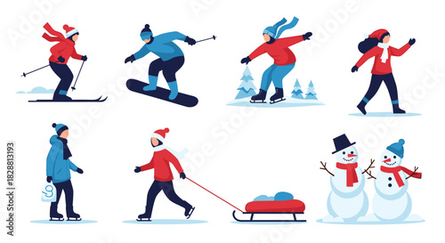 Various winter activities are depicted in a flat design style, including skiing, snowboarding, ice skating, sledding, and snowmen.
