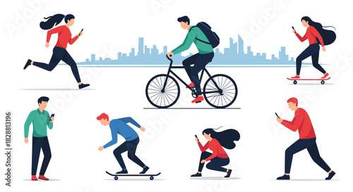 Diverse young adults in a city setting are preoccupied with their mobile phones during various activities, symbolizing the ubiquitous digital connection.