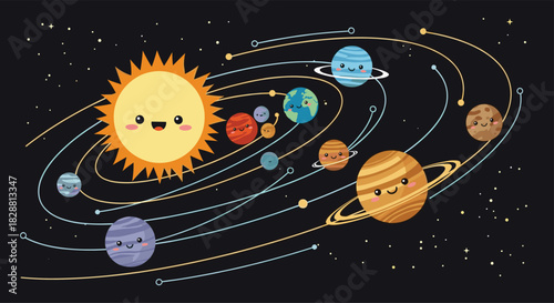 A cheerful and colorful cartoon illustration depicting the sun and eight planets of our solar system with happy faces orbiting in space.