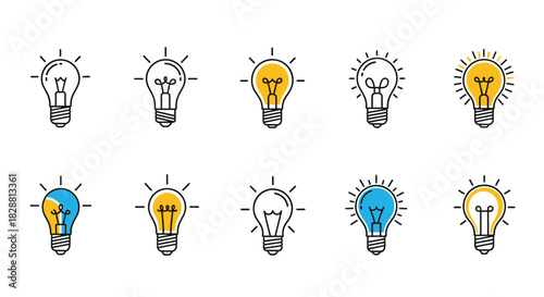 A collection of diverse light bulb icons, some lit with yellow or blue, representing ideas, innovation, and illumination in a vector style.